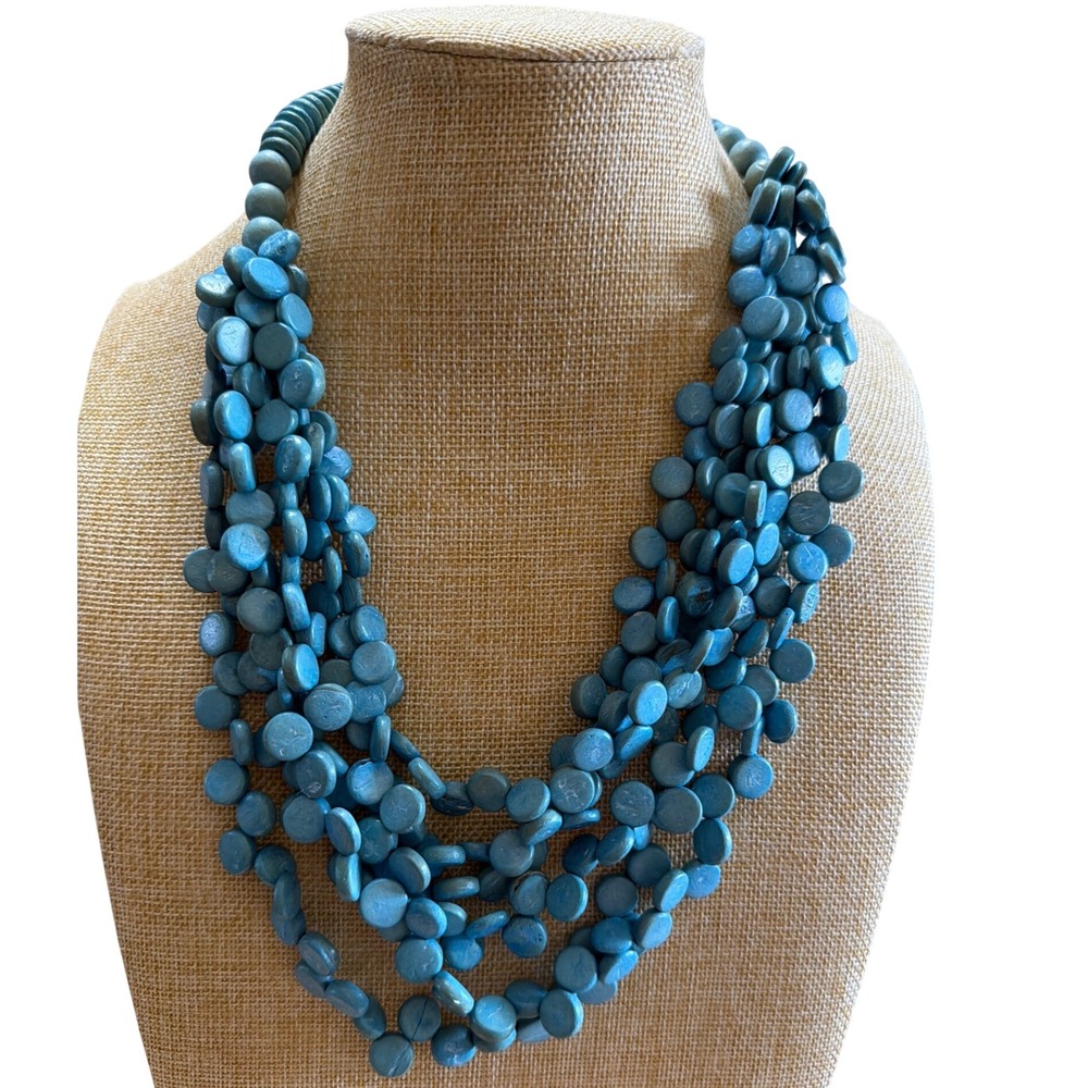 Chunky Teal Blue Multi Strand Wood Disc Bead Statement Bib Chunky Layered